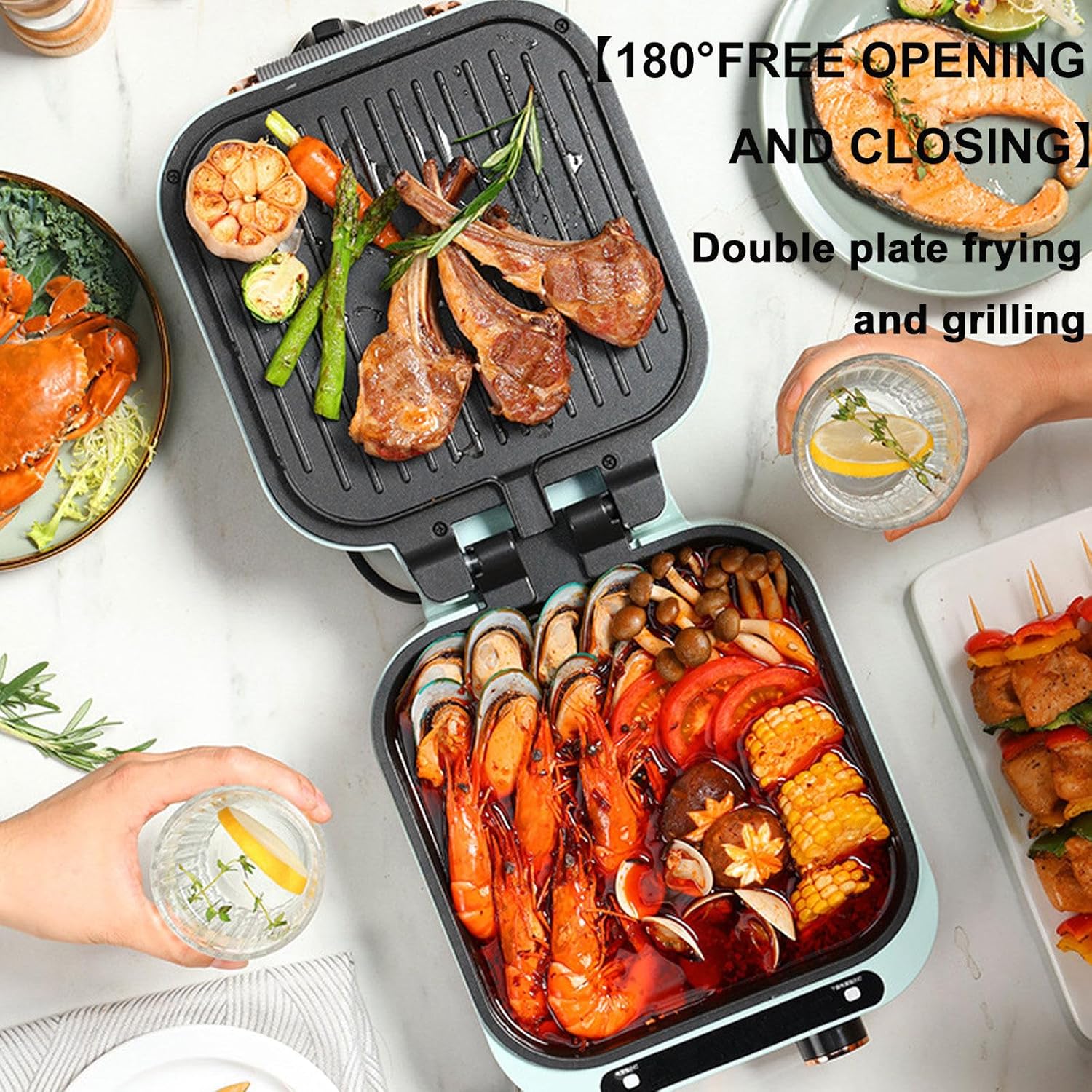 Elektrische Hot Pot Bbq 2-in-1 2200 W dubbele scheiding barbecue grill huishouden Hot Pot 44 cm bakpan keramische coating rookvrij binnen voor 5-8 personen (goud