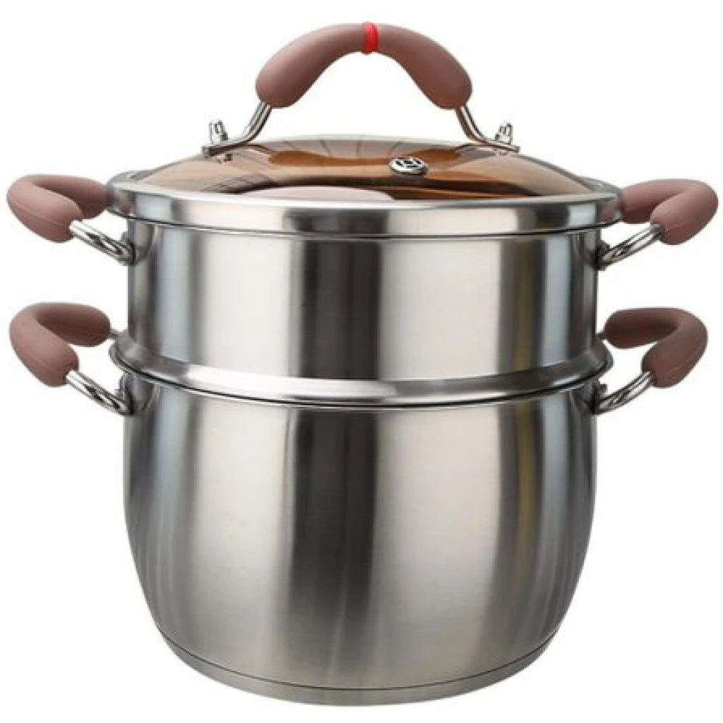 2-Tier Stainless Steel Steamer for Cooking – Double Layer Dumpling Steamer with Stay-Cool Handles & Glass Lid - LIFE STORES UGANDA