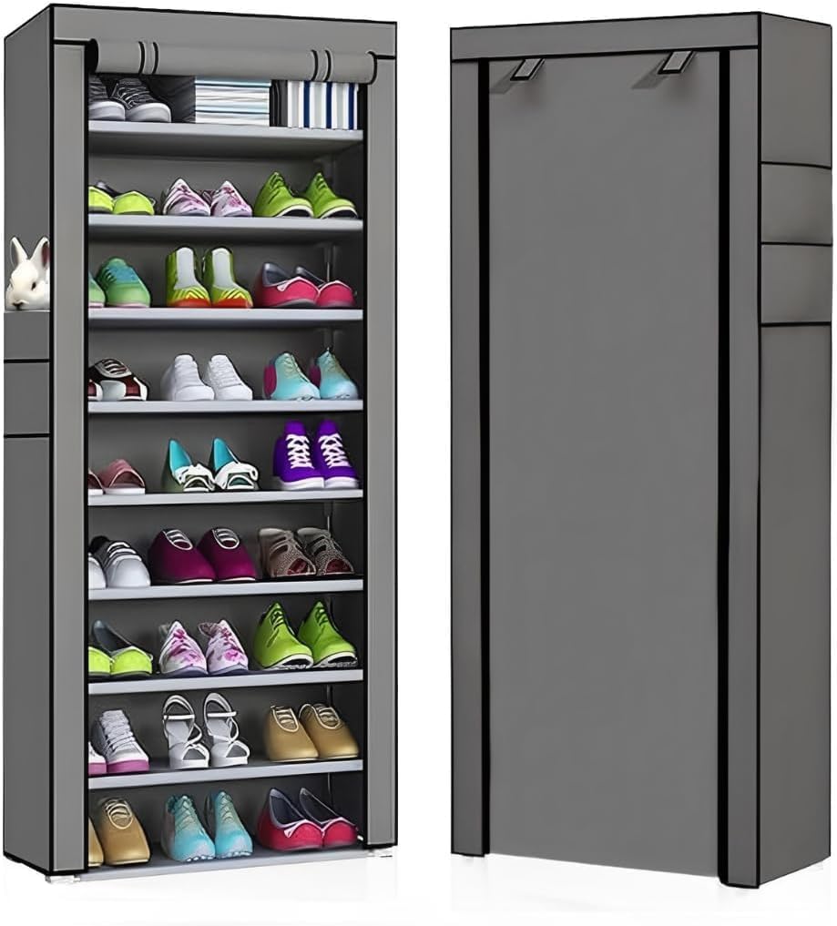 10-Tiers Foldable Shoe Rack Organizer – Dustproof Cover, Holds 28–36 Pairs, Portable & Waterproof Shoe Cabinet