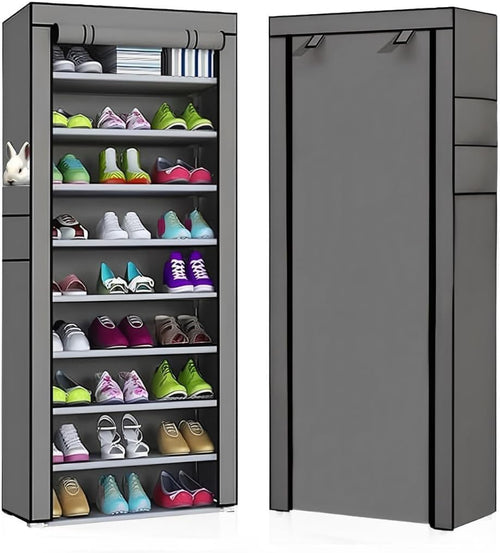 10-Tiers Foldable Shoe Rack Organizer – Dustproof Cover, Holds 28–36 Pairs, Portable & Waterproof Shoe Cabinet
