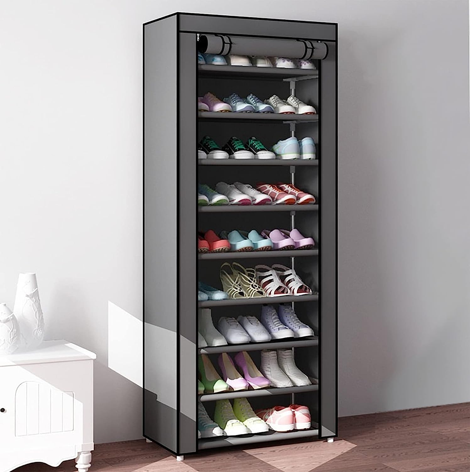 10-Tiers Foldable Shoe Rack Organizer – Dustproof Cover, Holds 28–36 Pairs, Portable & Waterproof Shoe Cabinet