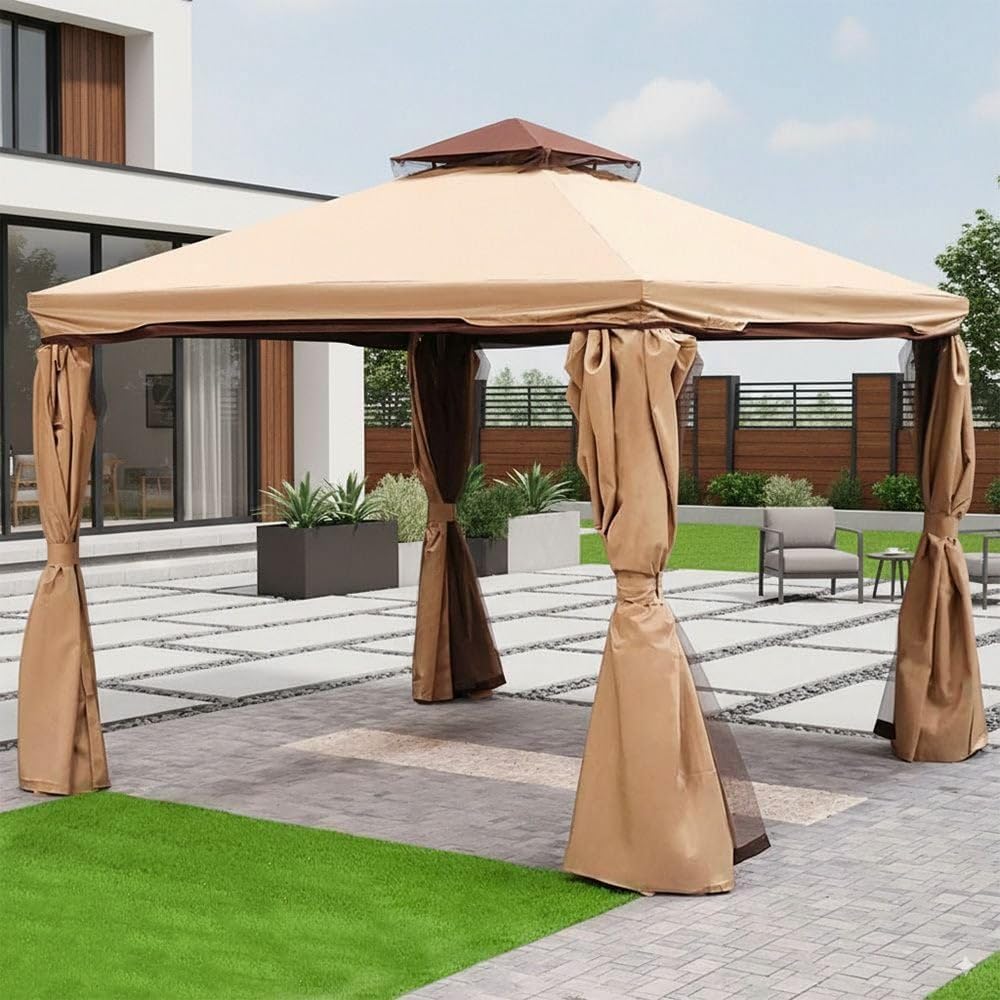 10x10 Ft Outdoor Gazebo Canopy Tent with Aluminium Frame, Fabric Roof, Curtains & Mosquito Net – Garden Patio Party Shelter (Beige)