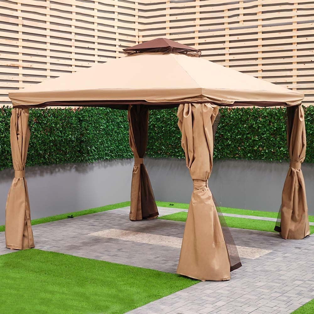10x10 Ft Outdoor Gazebo Canopy Tent with Aluminium Frame, Fabric Roof, Curtains & Mosquito Net – Garden Patio Party Shelter (Beige)