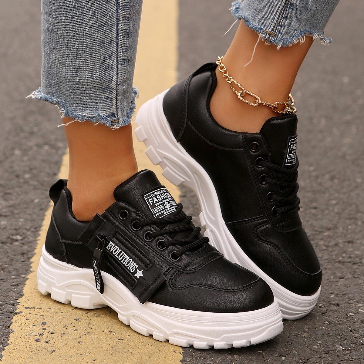 Lace-up Sports Shoes With Side-Zipper Design – Fashion Thick-Soled Round-Toe Casual Sneakers For Women - LIFE STORES UGANDA