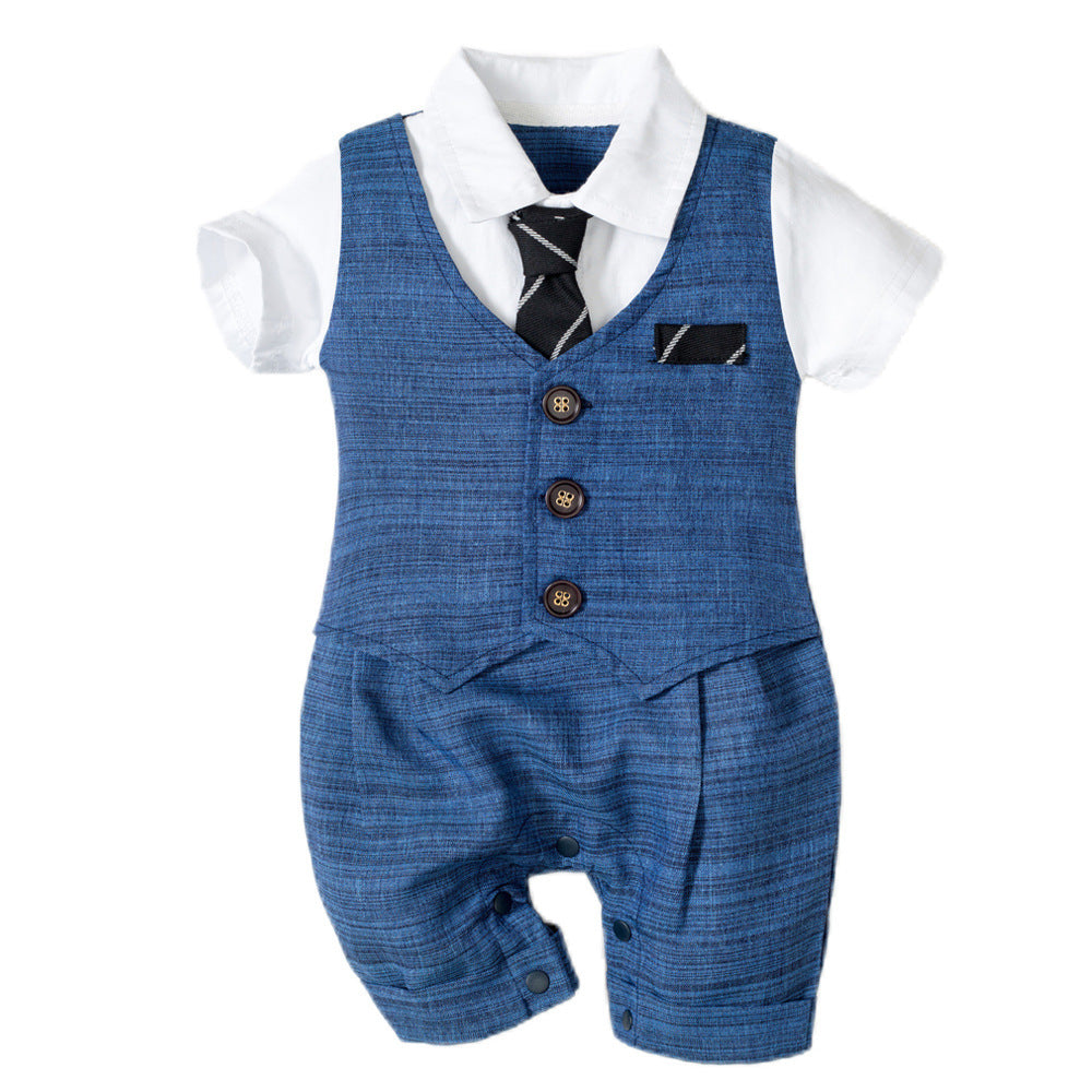 Summer New Baby Boy Jumpsuit – Gentleman's Style Bodysuit (Dark Blue, 0–24 Months) - LIFE STORES UGANDA