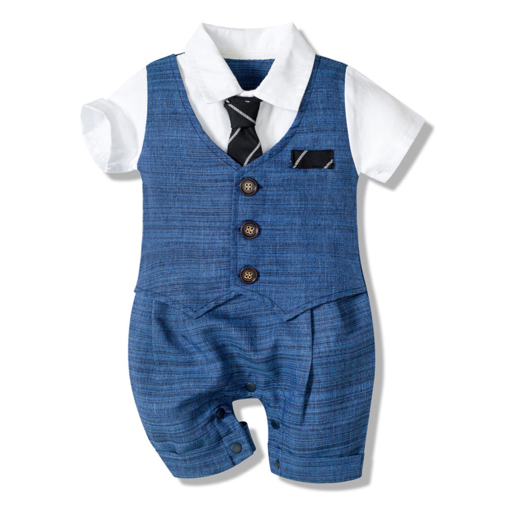 Summer New Baby Boy Jumpsuit – Gentleman's Style Bodysuit (Dark Blue, 0–24 Months) - LIFE STORES UGANDA