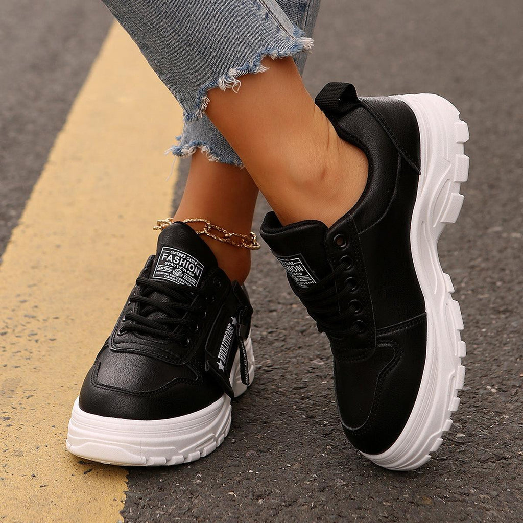 Lace-up Sports Shoes With Side-Zipper Design – Fashion Thick-Soled Round-Toe Casual Sneakers For Women - LIFE STORES UGANDA