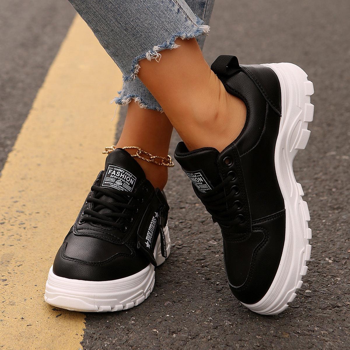 Lace-up Sports Shoes With Side-Zipper Design – Fashion Thick-Soled Round-Toe Casual Sneakers For Women - LIFE STORES UGANDA