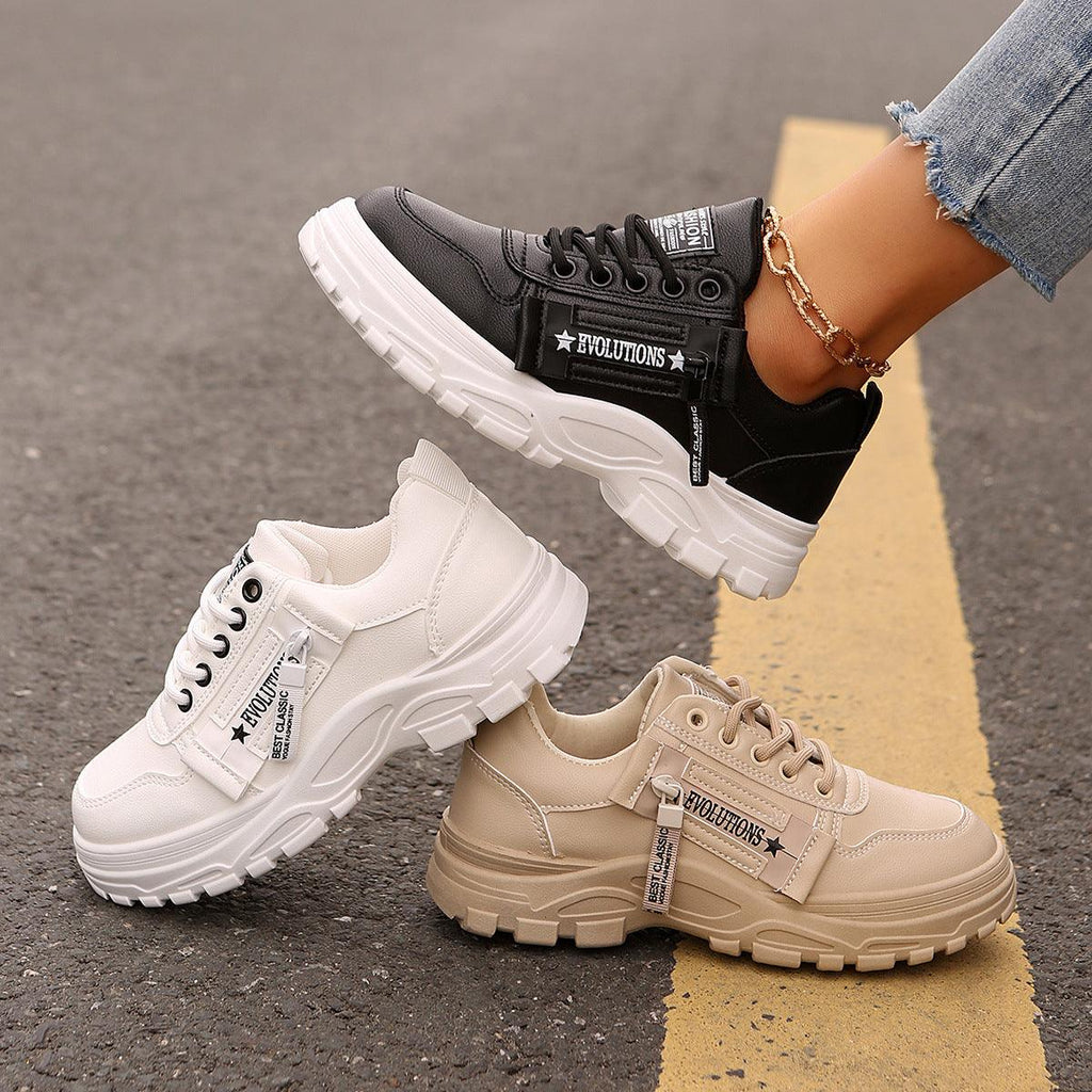 Lace-up Sports Shoes With Side-Zipper Design – Fashion Thick-Soled Round-Toe Casual Sneakers For Women - LIFE STORES UGANDA
