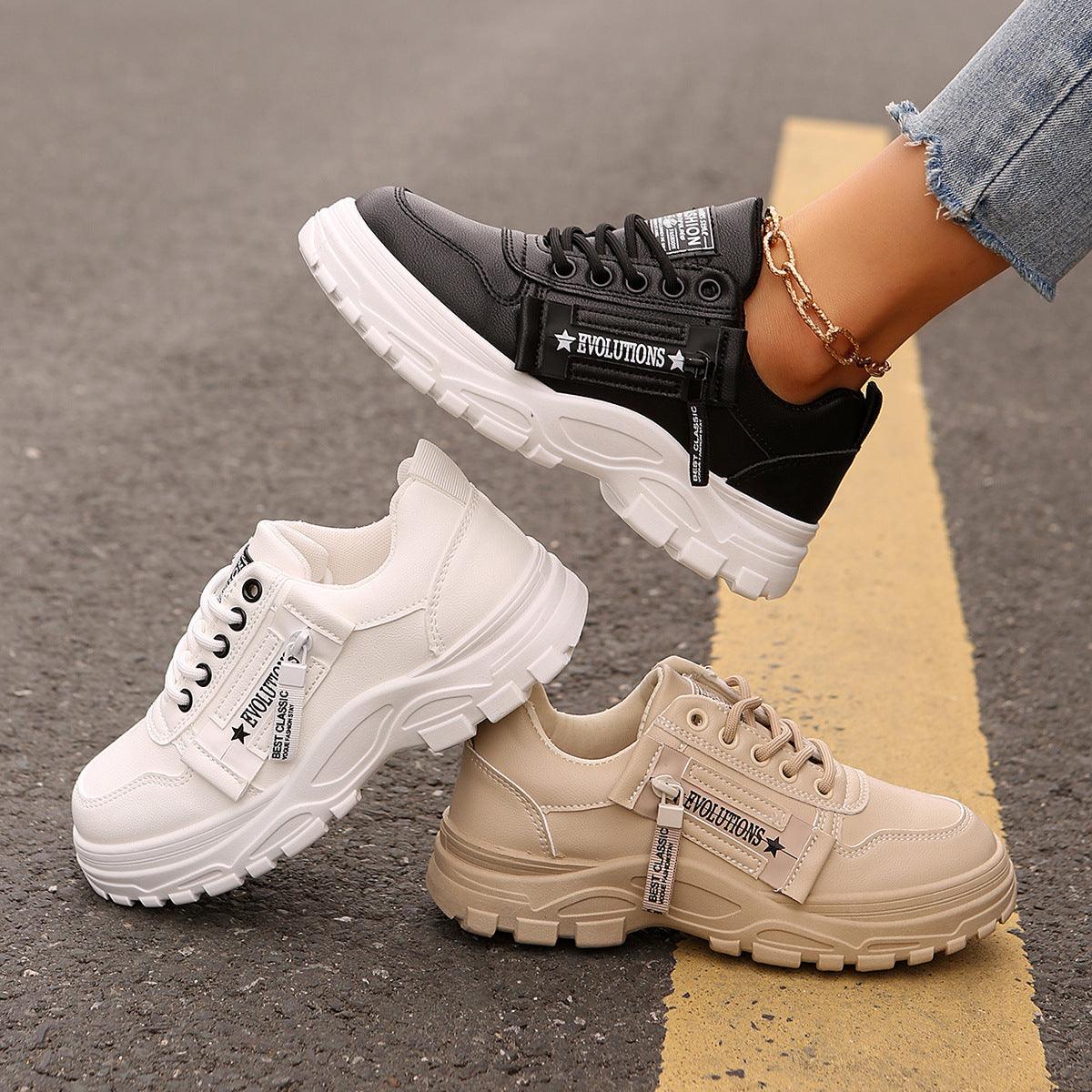 Lace-up Sports Shoes With Side-Zipper Design – Fashion Thick-Soled Round-Toe Casual Sneakers For Women - LIFE STORES UGANDA