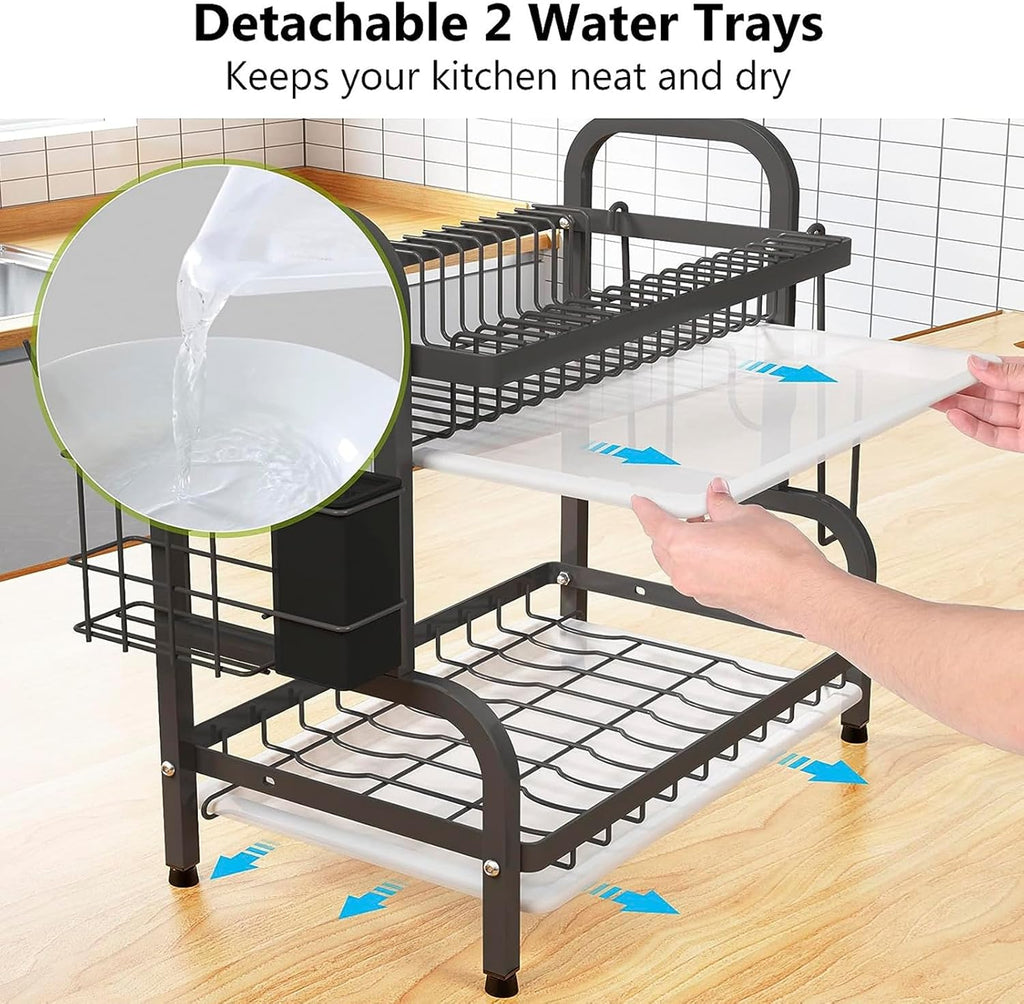 SpaceSaver 2-Tier Dish Drying Rack - Compact Kitchen Organizer with Drain Boards