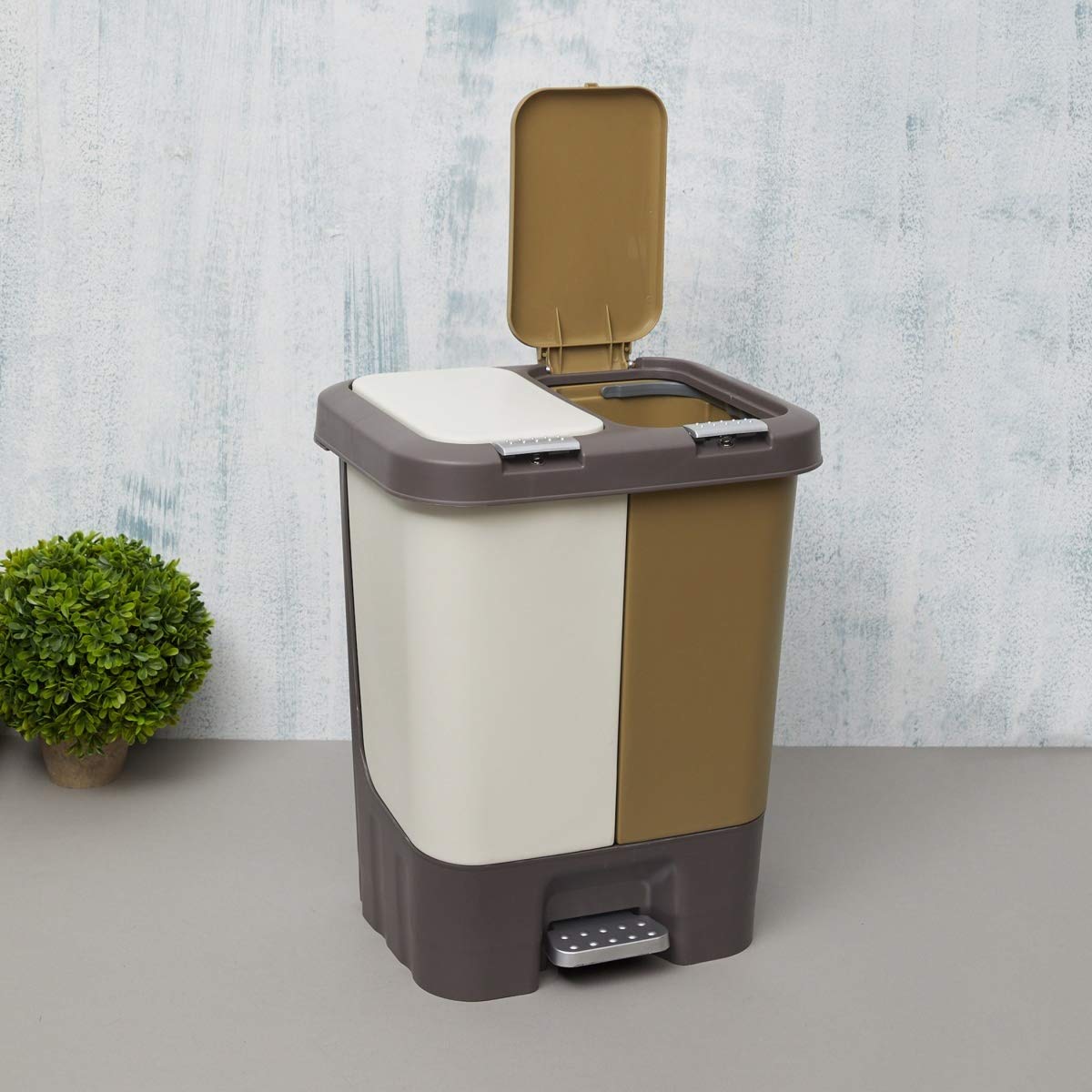 2-in-1 Dual Compartment Pedal Dust Bin – Plastic Trash Can, Push Lid, Rectangular, Multicolour