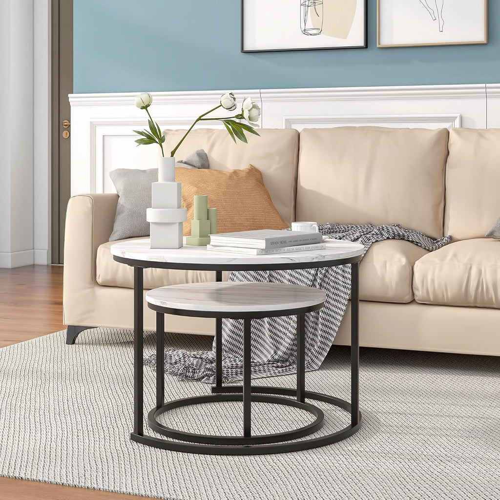 2-Piece Modern Round Nesting Coffee Tables Set with Metal Frame & Storage – Living Room Center Tables
