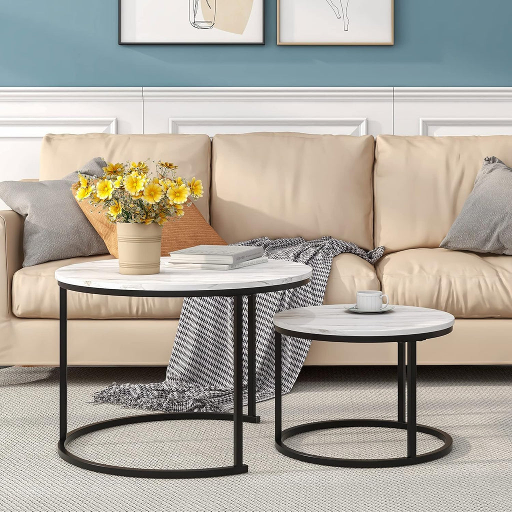 2-Piece Modern Round Nesting Coffee Tables Set with Metal Frame & Storage – Living Room Center Tables