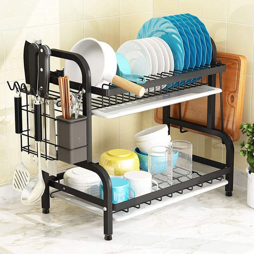 2-Tier Dish Drying Rack – Black Steel Dish Drainer with Drainboard & Utensil Holder - LIFE STORES UGANDA