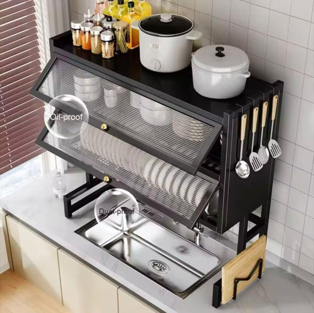 Over-The-Sink Dish Drying Rack with Dustproof Flip Cover – Adjustable 2 Tier Kitchen Organizer