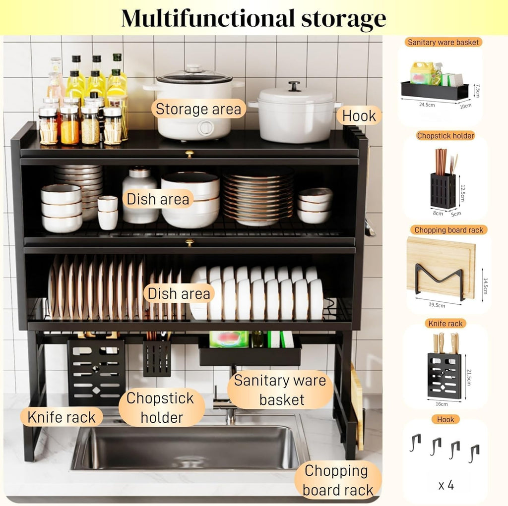Over-The-Sink Dish Drying Rack with Dustproof Flip Cover – Adjustable 2 Tier Kitchen Organizer
