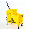 Yellow cleaning bucket with a mop and a 'Caution Wet Floor' sign on a white background