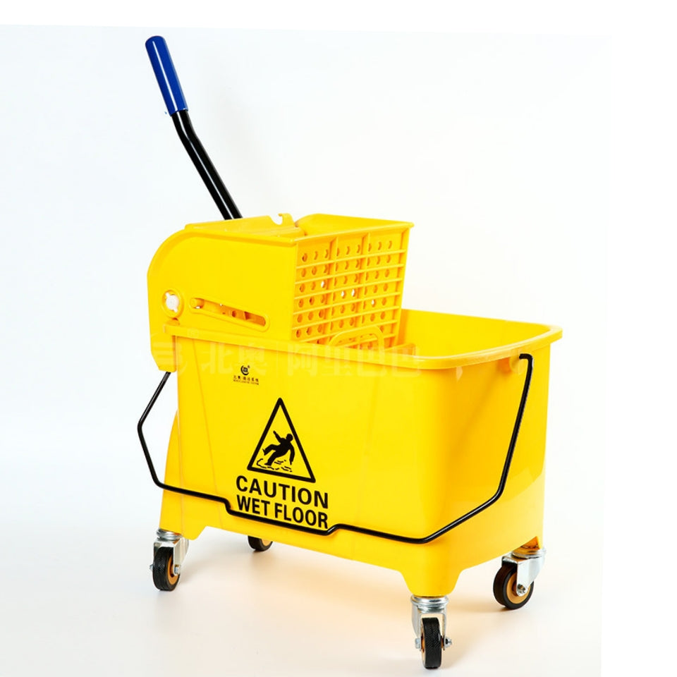 Yellow cleaning bucket with a mop and a 'Caution Wet Floor' sign on a white background
