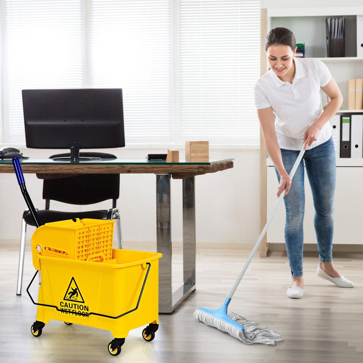 Heavy-Duty 20L Mop Bucket Trolley – Side-Press Wringer, Wheels, Mop Holder, Commercial Cleaning Cart