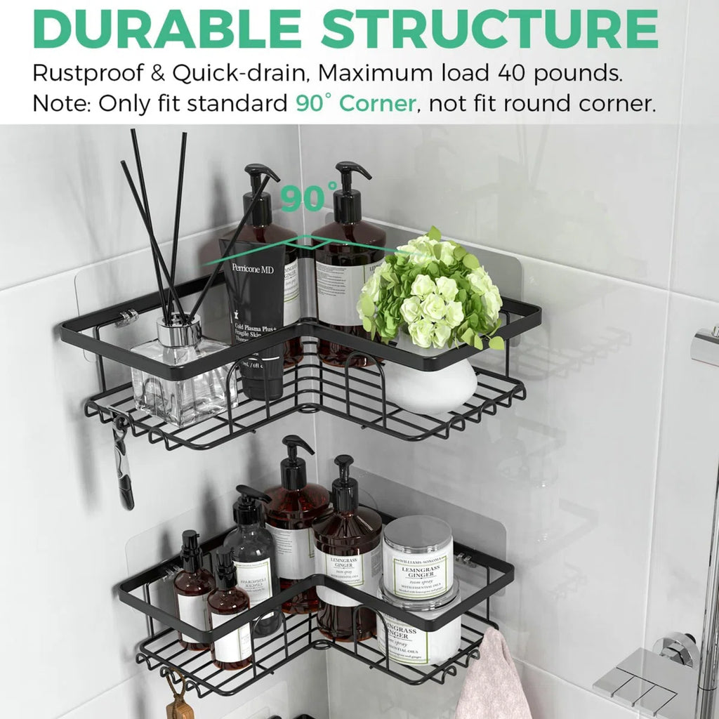 2 PCS Corner Shower Caddy No-Drill – L-Shaped Adhesive Bathroom Shelf, Rustproof Metal Organizer for Shampoo, Soap & Toiletries, Heavy-Duty Wall Storage