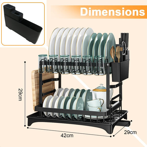 2-Tier Stainless Steel Dish Drying Rack, Space-Saving Kitchen Counter Organizer with Removable Utensil Holder and Drainboard
