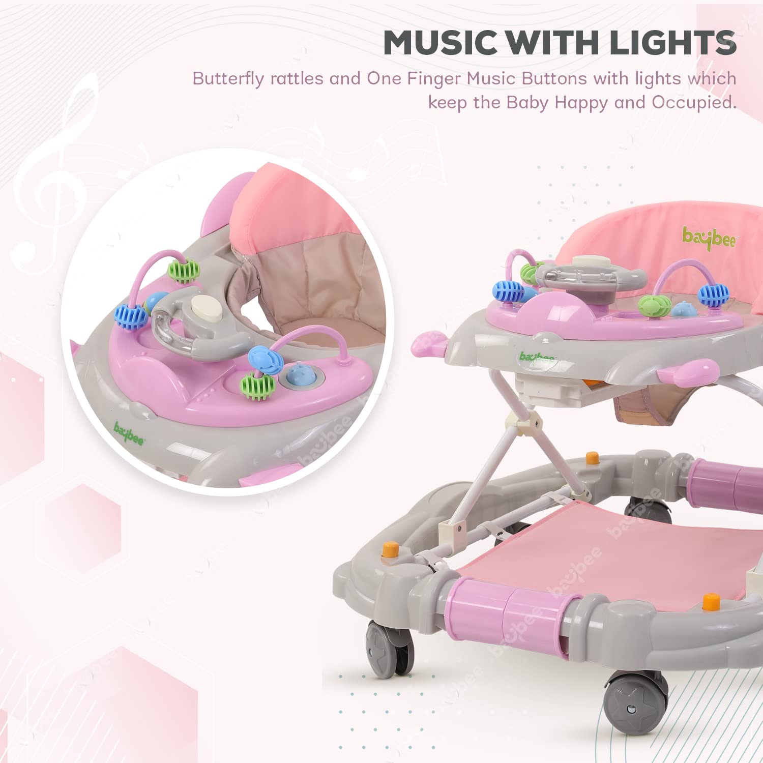 Baybee 2-in-1 Baby Walker with Rocker | 3 Height Adjustable, Foldable & Musical | Activity Walker for Babies 6-18 Months (Up to 10kg)