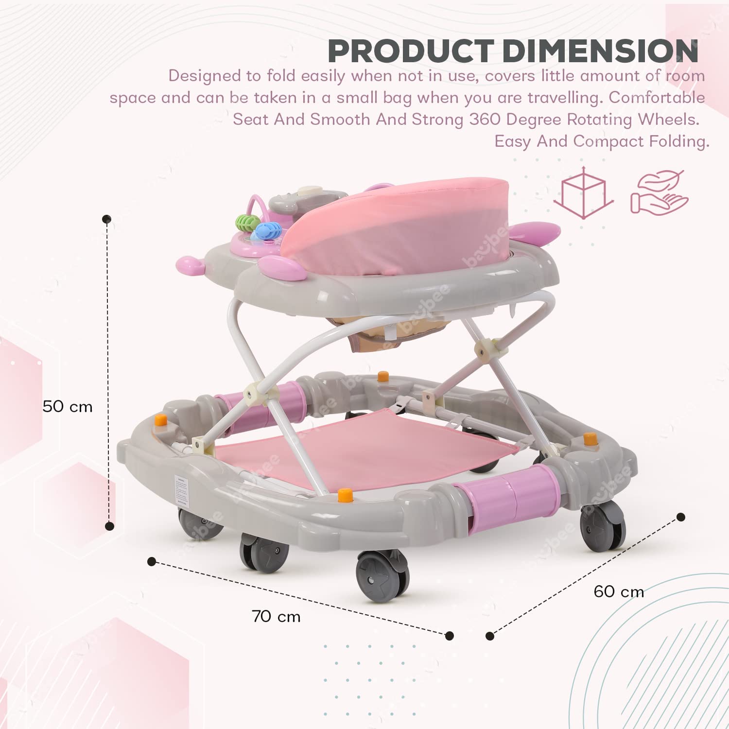 Baybee 2-in-1 Baby Walker with Rocker | 3 Height Adjustable, Foldable & Musical | Activity Walker for Babies 6-18 Months (Up to 10kg)