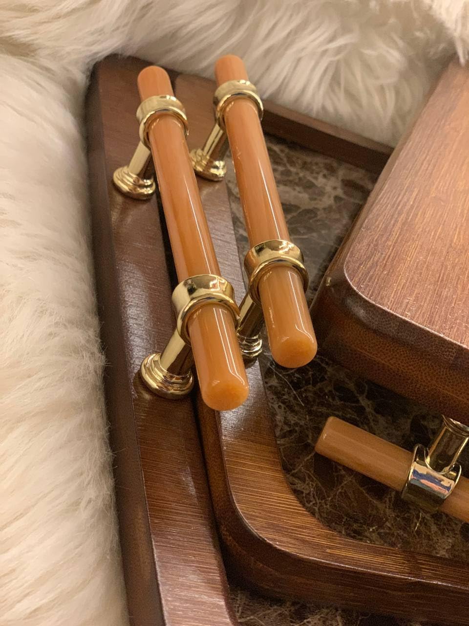 3 PIECE BAMBOO WOODEN SERVING TRAYS WITH GOLDEN HANDLES