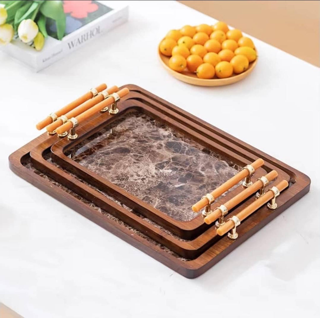 3 PIECE BAMBOO WOODEN SERVING TRAYS WITH GOLDEN HANDLES