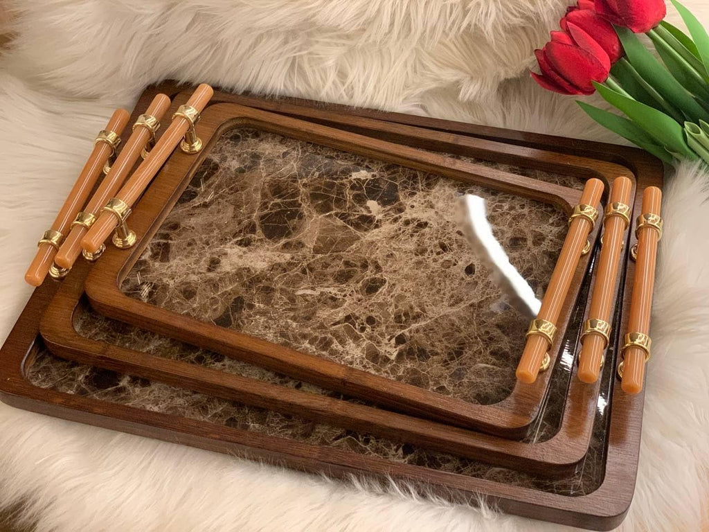 3 PIECE BAMBOO WOODEN SERVING TRAYS WITH GOLDEN HANDLES