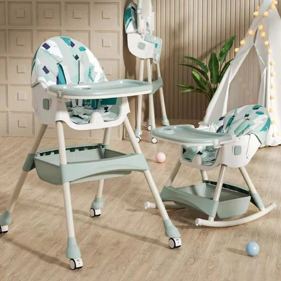 3-in-1 Convertible Baby High Chair | Foldable Rocking Chair with Lockable Wheels & Removable Trays | High Chair for Infants 3+ Months (Aden Green, Pink, Blue)