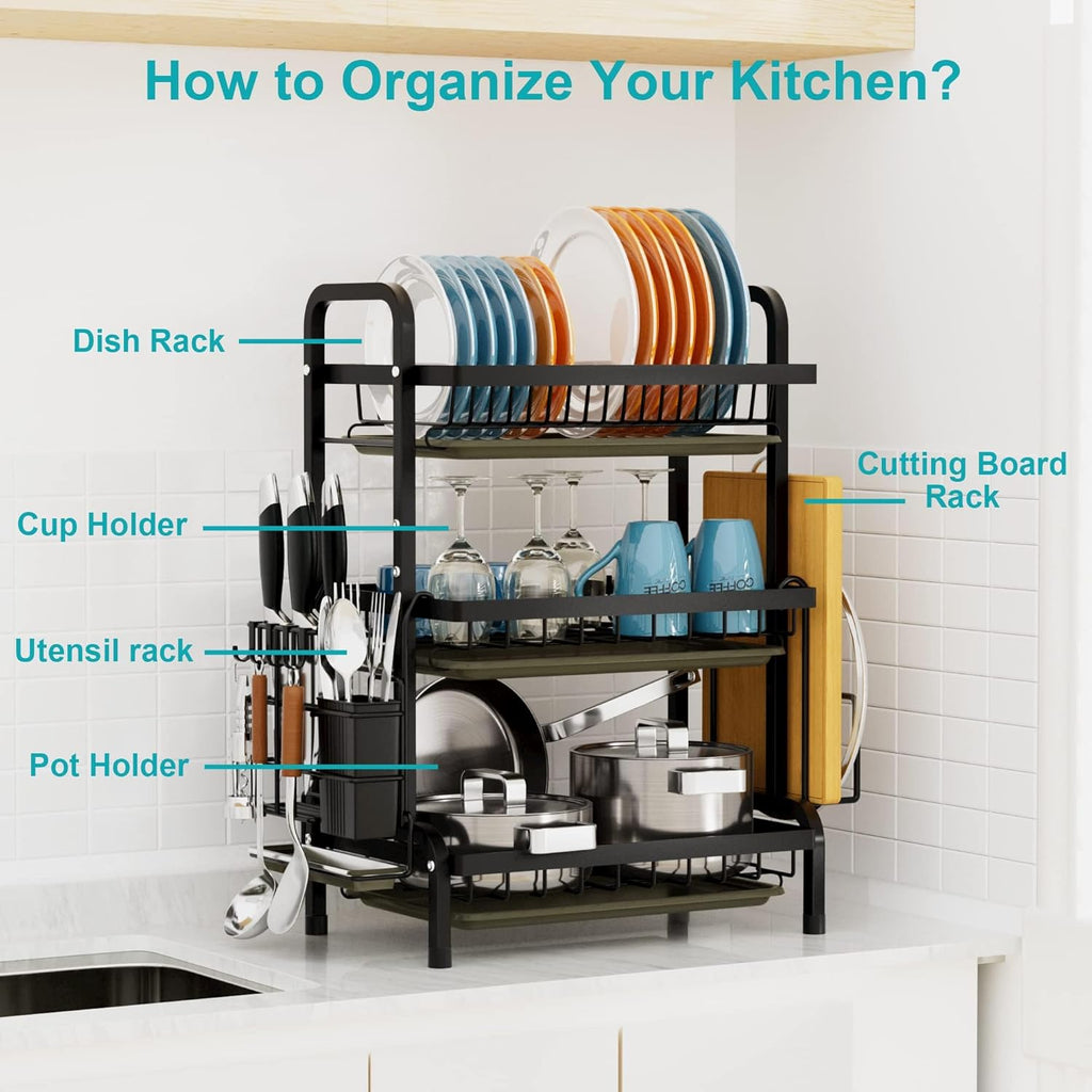 Stainless Steel 3-Tier Dish Drying Rack – Rust-Proof Space-Saving Organizer with Cutlery Holder & Drip Trays