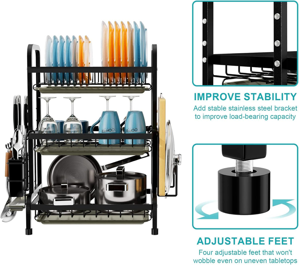 Stainless Steel 3-Tier Dish Drying Rack – Rust-Proof Space-Saving Organizer with Cutlery Holder & Drip Trays