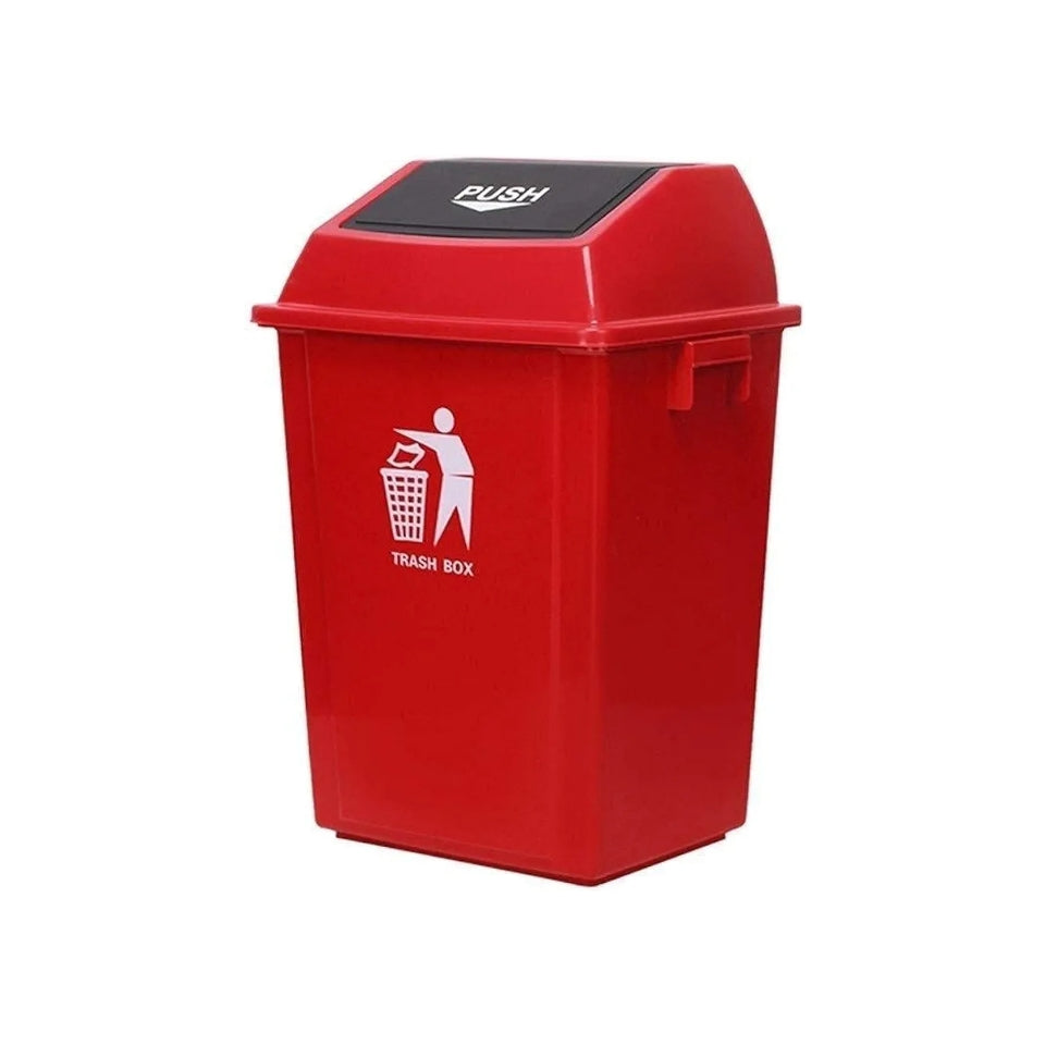 Red trash bin with a push lid on a white background