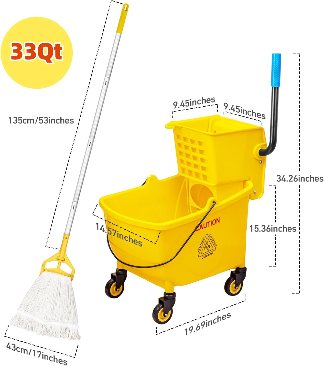 Heavy-Duty 32L Mop Bucket – Side-Press Wringer, Wheels & Industrial Mop for Fast, Efficient Cleaning