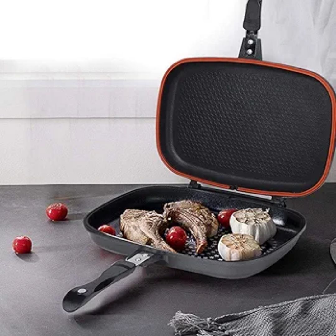 36cm Double-Sided Grill Pan – Non-Stick Die-Cast Aluminium, Smokeless Even Heat Cooking, All Cooktops