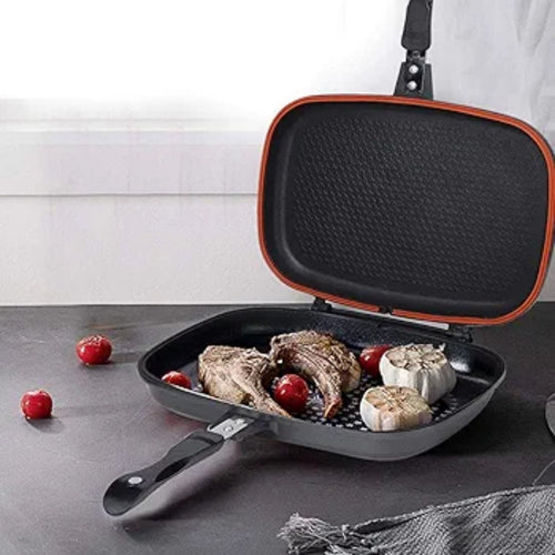 36cm Double-Sided Grill Pan – Non-Stick Die-Cast Aluminium, Smokeless Even Heat Cooking, All Cooktops