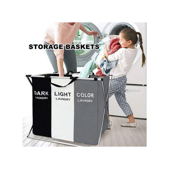 3-Section Laundry Basket – Foldable Hamper with Waterproof Oxford Bags
