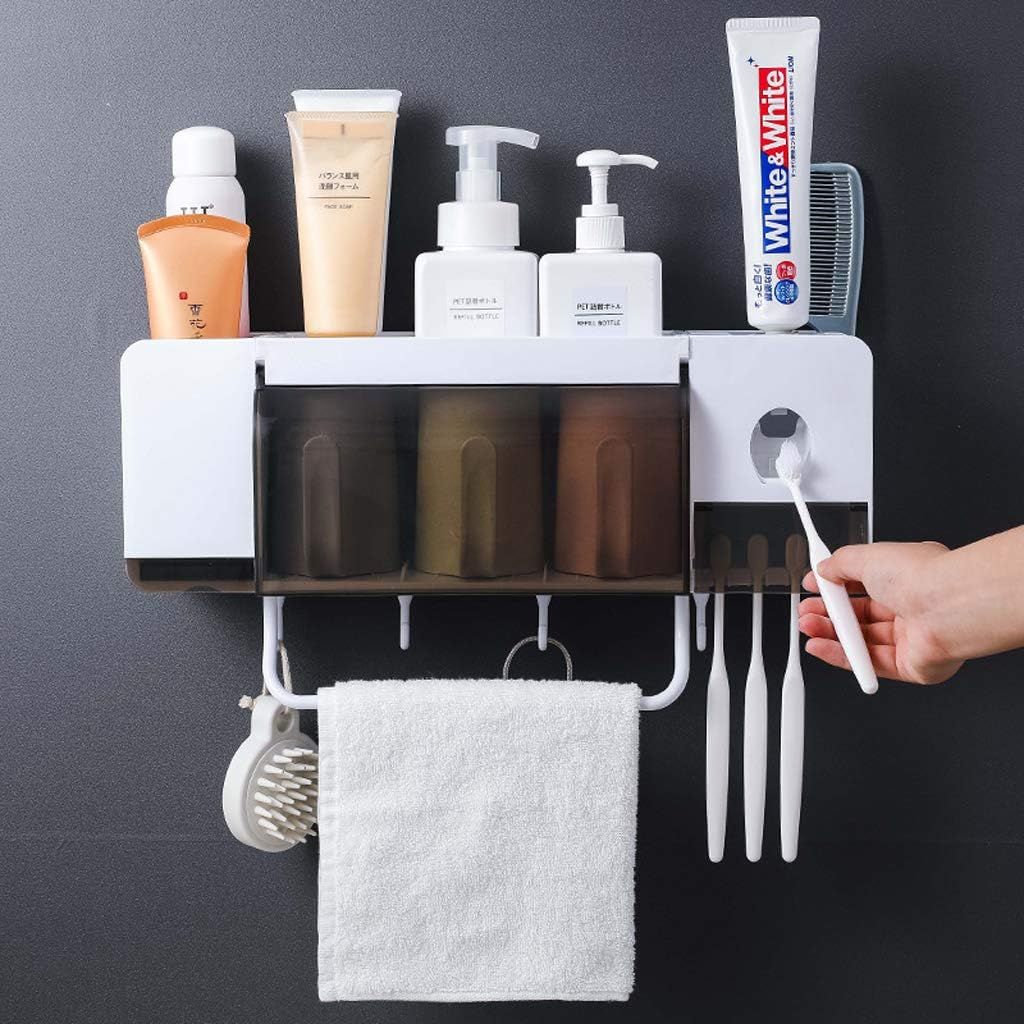 Multifunctional Bathroom Toothbrush Holder – Wall-Mounted Rack with Automatic Toothpaste Dispenser, 3 Cups, Towel Rod, and Dustproof Storage