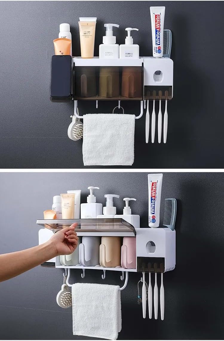 Multifunctional Bathroom Toothbrush Holder – Wall-Mounted Rack with Automatic Toothpaste Dispenser, 3 Cups, Towel Rod, and Dustproof Storage
