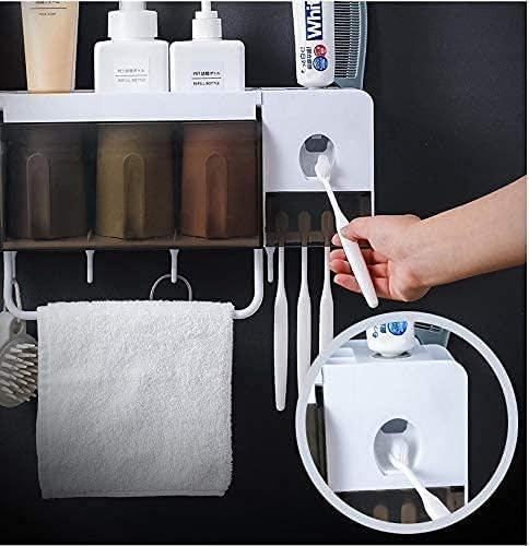 Multifunctional Bathroom Toothbrush Holder – Wall-Mounted Rack with Automatic Toothpaste Dispenser, 3 Cups, Towel Rod, and Dustproof Storage