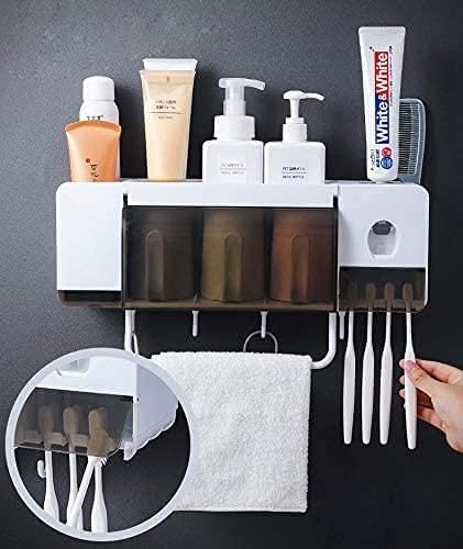 Multifunctional Bathroom Toothbrush Holder – Wall-Mounted Rack with Automatic Toothpaste Dispenser, 3 Cups, Towel Rod, and Dustproof Storage