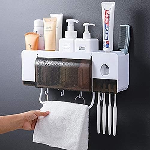 Multifunctional Bathroom Toothbrush Holder – Wall-Mounted Rack with Automatic Toothpaste Dispenser, 3 Cups, Towel Rod, and Dustproof Storage