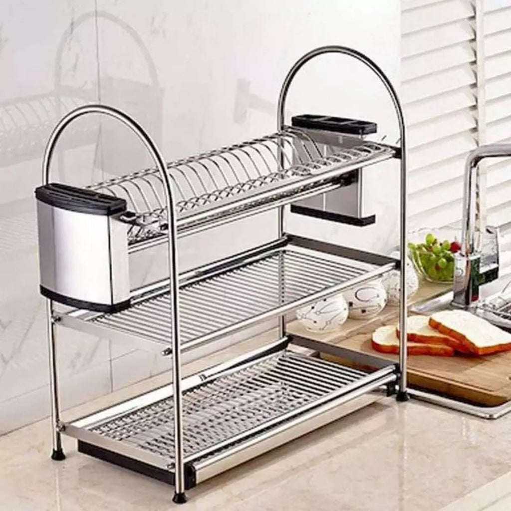 3-Layer Stainless Steel Dish Rack – Space-Saving Counter Organizer, Easy Drying, Fits 20 Plates
