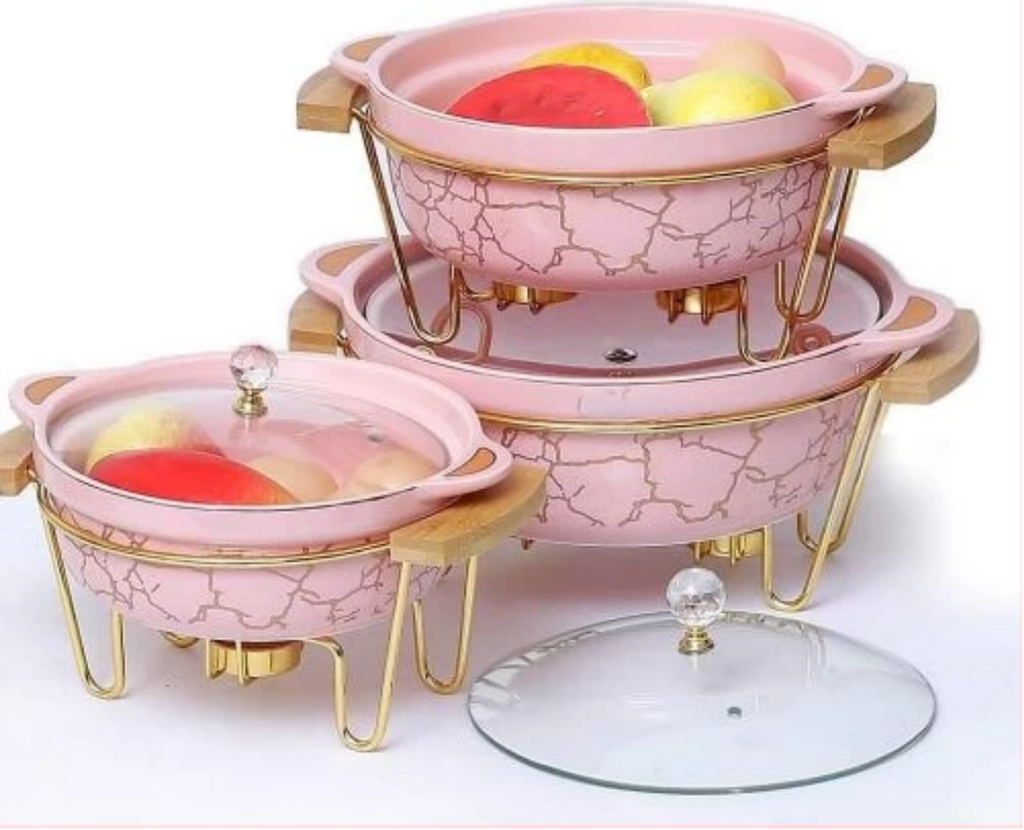 3PCS Ceramic Food Warmer Chafing Dish Set – Elegant Buffet Server with Candle Heating