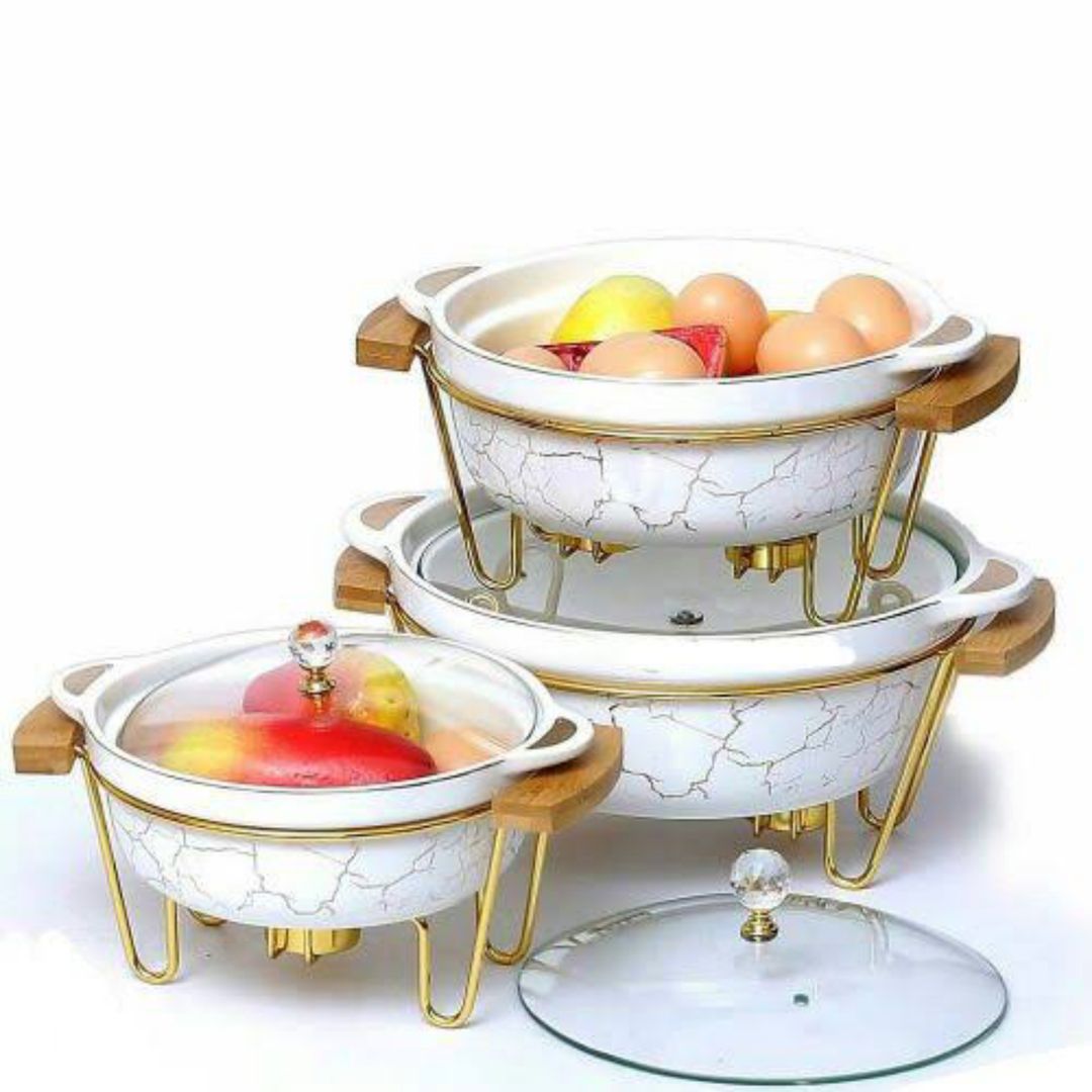 3PCS Ceramic Food Warmer Chafing Dish Set – Elegant Buffet Server with Candle Heating