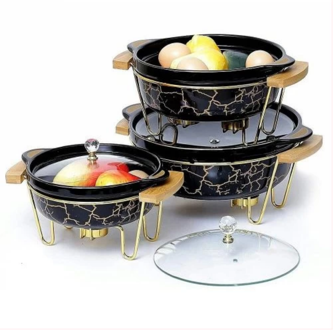 3PCS Ceramic Food Warmer Chafing Dish Set – Elegant Buffet Server with Candle Heating