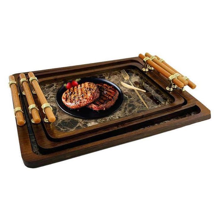 3 PIECE BAMBOO WOODEN SERVING TRAYS WITH GOLDEN HANDLES
