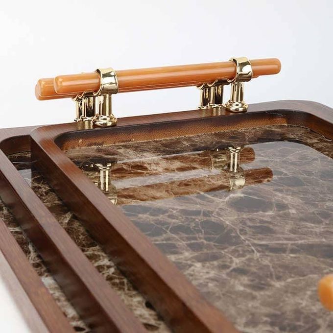 3 PIECE BAMBOO WOODEN SERVING TRAYS WITH GOLDEN HANDLES